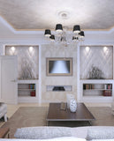 Medallion surrounding an elegant chandelier in a clean, white living room.