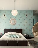 Customized medallion displayed in a chic teal bedroom.